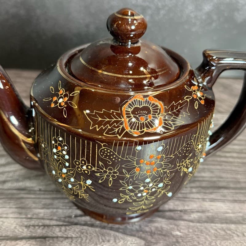Vintage 1940s Japanese Redware Teapot Brown Glaze Moriage Hand Painted Floral - Thumbnail 2