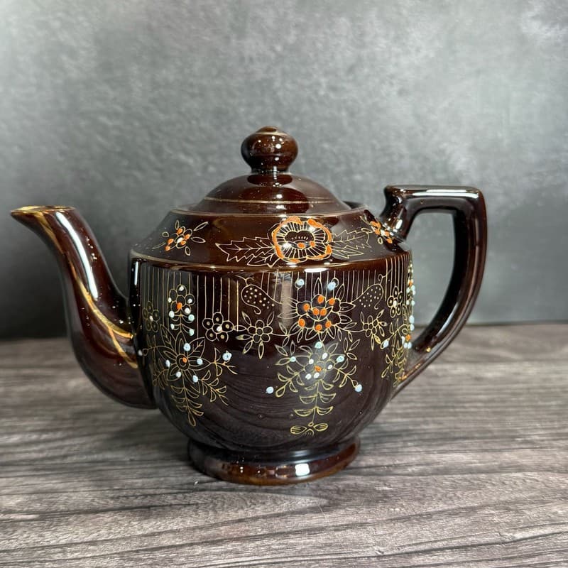 Vintage 1940s Japanese Redware Teapot Brown Glaze Moriage Hand Painted Floral