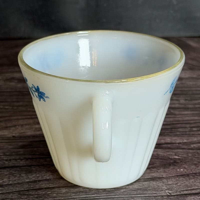 Vintage Termocrisa Mexico Milk Glass Cup Blue Floral Pattern Ribbed 3" - Thumbnail 4
