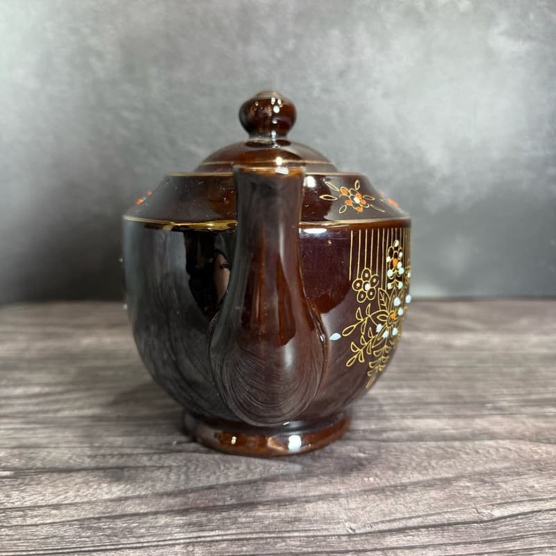 Vintage 1940s Japanese Redware Teapot Brown Glaze Moriage Hand Painted Floral - Thumbnail 6