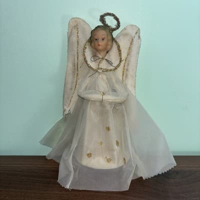 Vintage Angel Christmas Tree Topper Rubber Face Gold Hair Blue Eyes Felt Wings