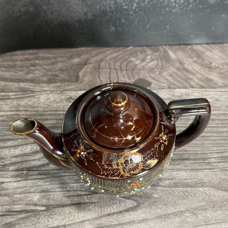 Vintage 1940s Japanese Redware Teapot Brown Glaze Moriage Hand Painted Floral - Thumbnail 4
