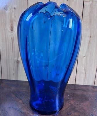 Vintage MCM 13” Hand-Blown Cobalt Blue Large Glass Vase Center Pulled Crimp