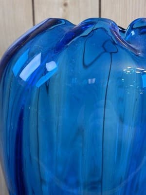 Vintage MCM 13” Hand-Blown Cobalt Blue Large Glass Vase Center Pulled Crimp - Thumbnail 4