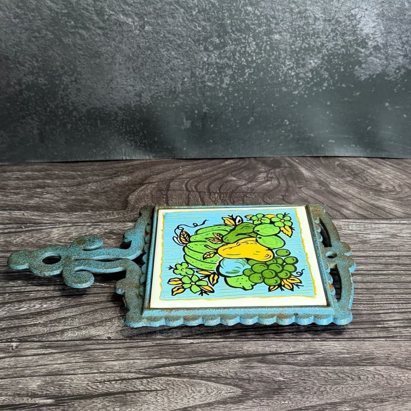 Vintage Japanese Cast Iron and Ceramic Tile Fruit Trivet Wall Hanging - Thumbnail 4