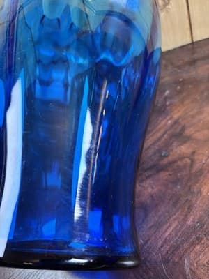Vintage MCM 13” Hand-Blown Cobalt Blue Large Glass Vase Center Pulled Crimp - Thumbnail 12