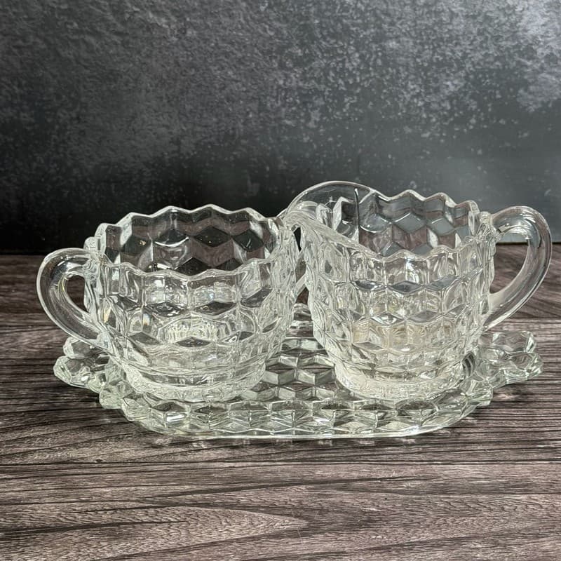 Vintage Fostoria American Clear Glass 3 Piece Creamer Sugar Bowl and Tray Set - Thumbnail 4