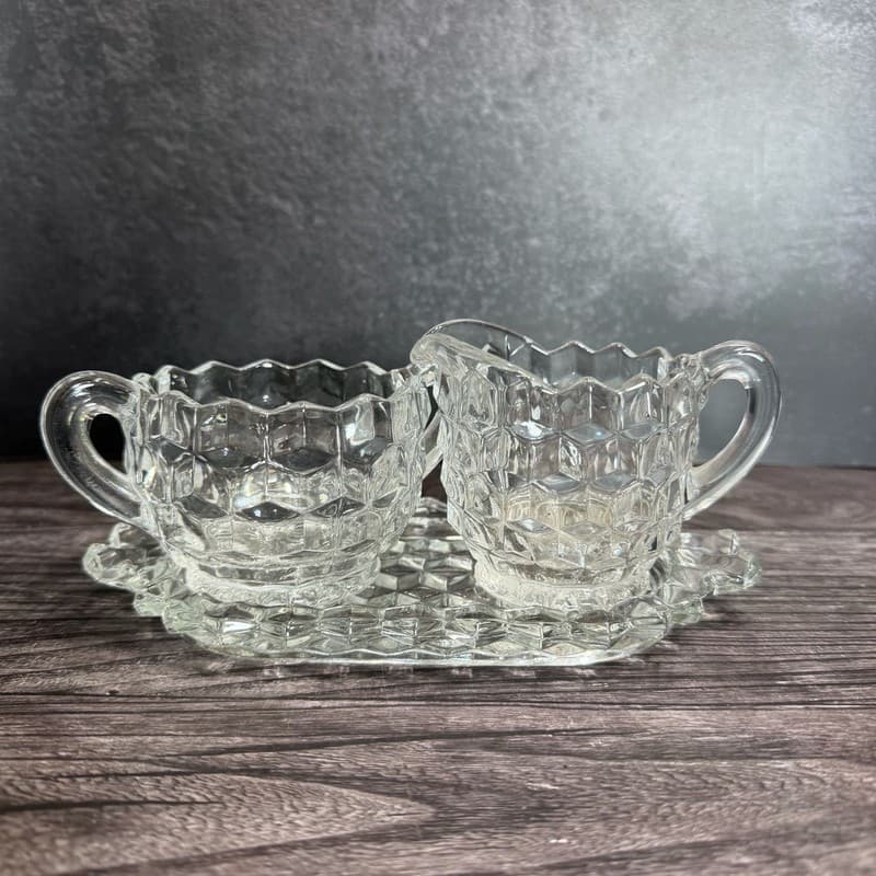 Vintage Fostoria American Clear Glass 3 Piece Creamer Sugar Bowl and Tray Set