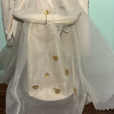 Vintage Angel Christmas Tree Topper Rubber Face Gold Hair Blue Eyes Felt Wings - Thumbnail 3