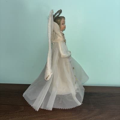 Vintage Angel Christmas Tree Topper Rubber Face Gold Hair Blue Eyes Felt Wings - Thumbnail 4
