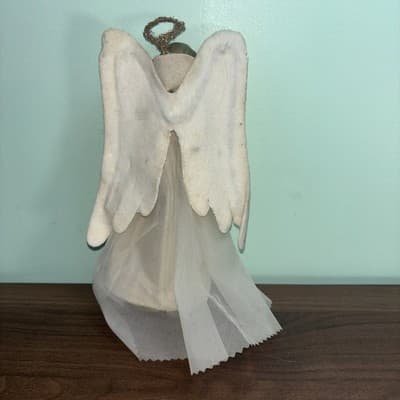 Vintage Angel Christmas Tree Topper Rubber Face Gold Hair Blue Eyes Felt Wings - Thumbnail 5