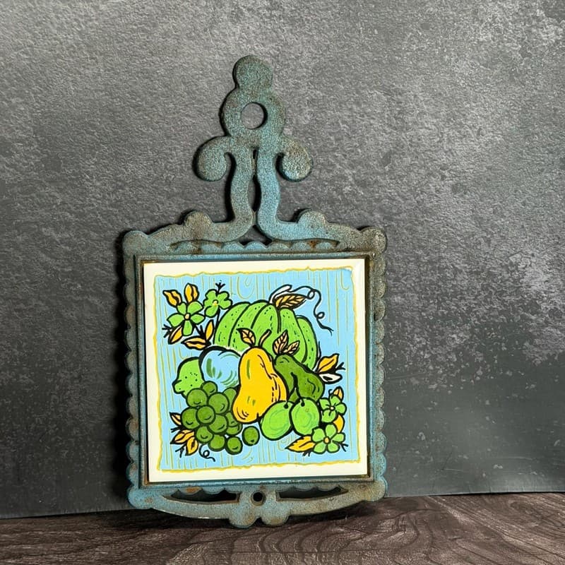 Vintage Japanese Cast Iron and Ceramic Tile Fruit Trivet Wall Hanging