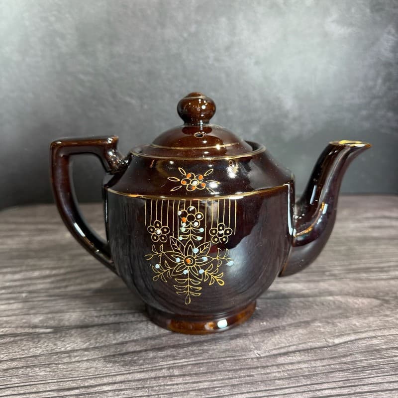 Vintage 1940s Japanese Redware Teapot Brown Glaze Moriage Hand Painted Floral - Thumbnail 5