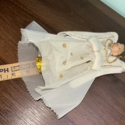 Vintage Angel Christmas Tree Topper Rubber Face Gold Hair Blue Eyes Felt Wings - Thumbnail 9