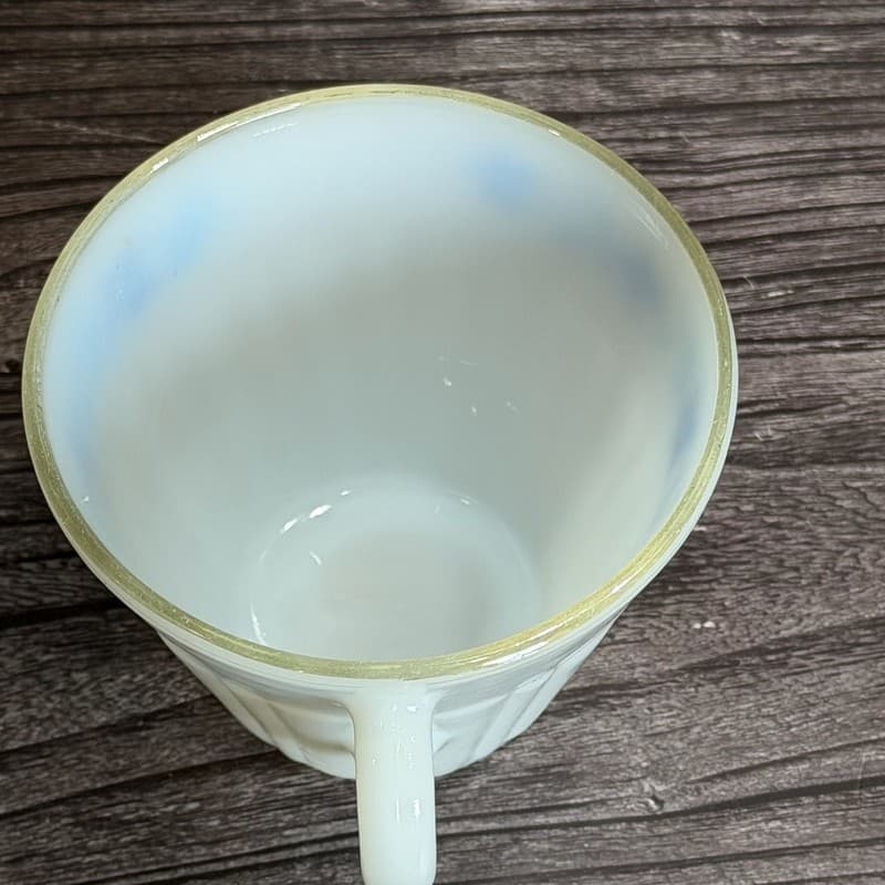 Vintage Termocrisa Mexico Milk Glass Cup Blue Floral Pattern Ribbed 3" - Thumbnail 8