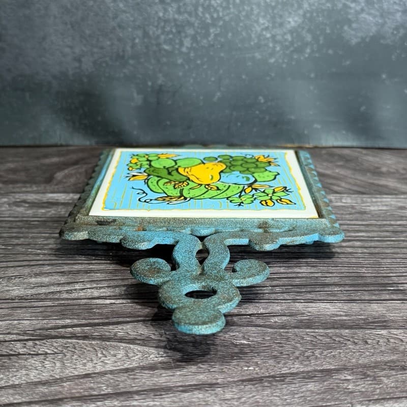 Vintage Japanese Cast Iron and Ceramic Tile Fruit Trivet Wall Hanging - Thumbnail 6