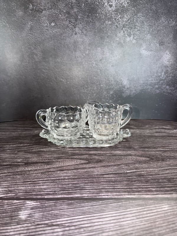 Vintage Fostoria American Clear Glass 3 Piece Creamer Sugar Bowl and Tray Set - Thumbnail 2