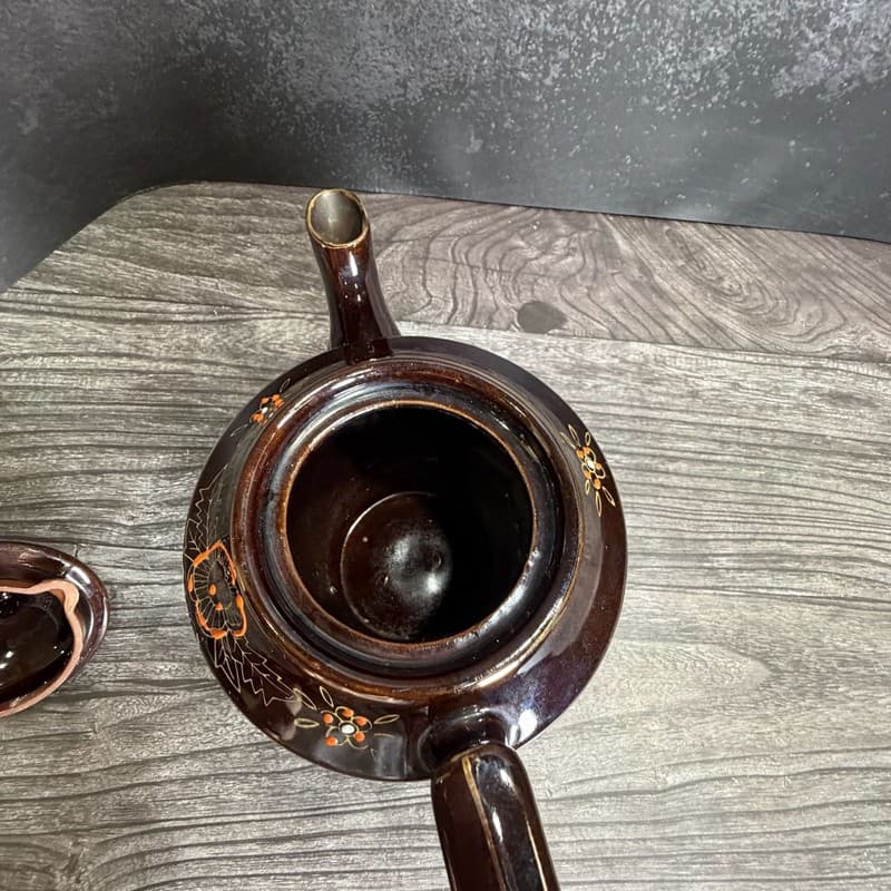 Vintage 1940s Japanese Redware Teapot Brown Glaze Moriage Hand Painted Floral - Thumbnail 8