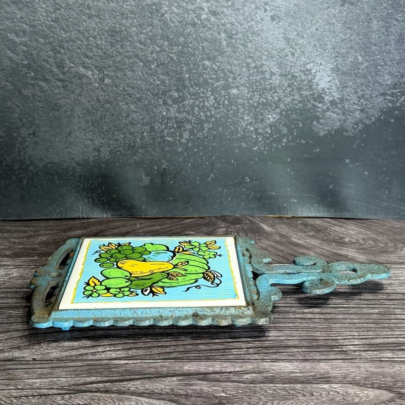 Vintage Japanese Cast Iron and Ceramic Tile Fruit Trivet Wall Hanging - Thumbnail 7