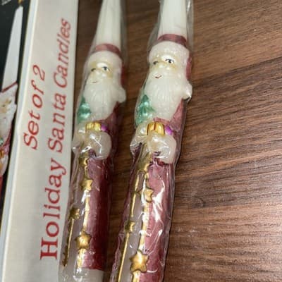 Sculptured Hand Painted Santa Claus 10" Candles Vintage Pair Tapered NOS NIB - Thumbnail 3