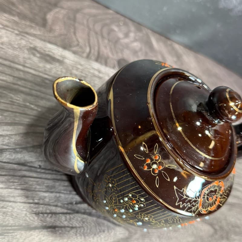 Vintage 1940s Japanese Redware Teapot Brown Glaze Moriage Hand Painted Floral - Thumbnail 7