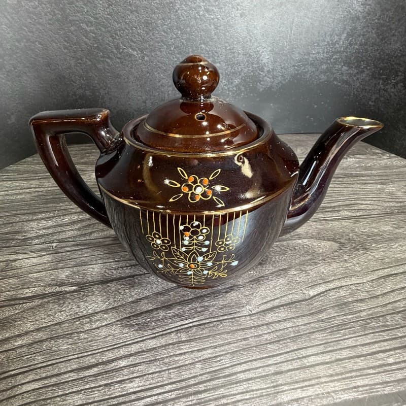 Vintage 1940s Japanese Redware Teapot Brown Glaze Moriage Hand Painted Floral - Thumbnail 9