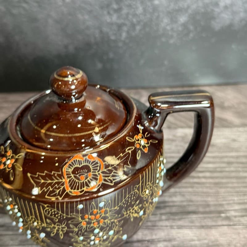 Vintage 1940s Japanese Redware Teapot Brown Glaze Moriage Hand Painted Floral - Thumbnail 3