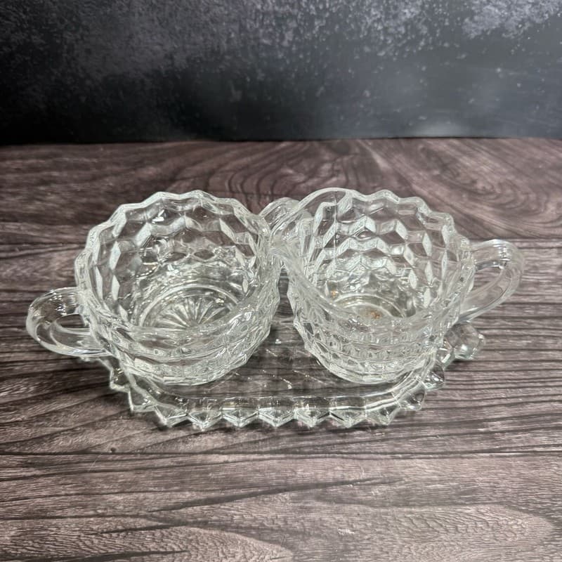 Vintage Fostoria American Clear Glass 3 Piece Creamer Sugar Bowl and Tray Set - Thumbnail 3