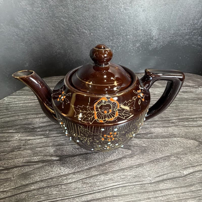 Vintage 1940s Japanese Redware Teapot Brown Glaze Moriage Hand Painted Floral - Thumbnail 13