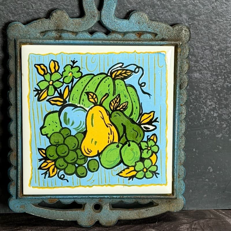 Vintage Japanese Cast Iron and Ceramic Tile Fruit Trivet Wall Hanging - Thumbnail 3