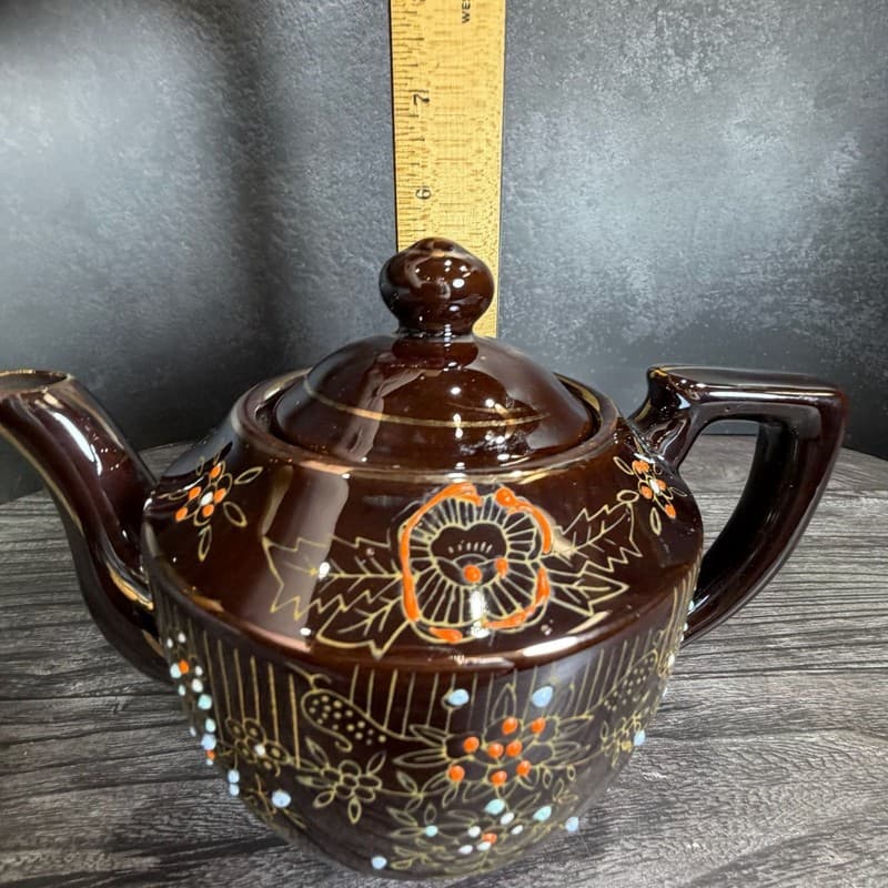 Vintage 1940s Japanese Redware Teapot Brown Glaze Moriage Hand Painted Floral - Thumbnail 15