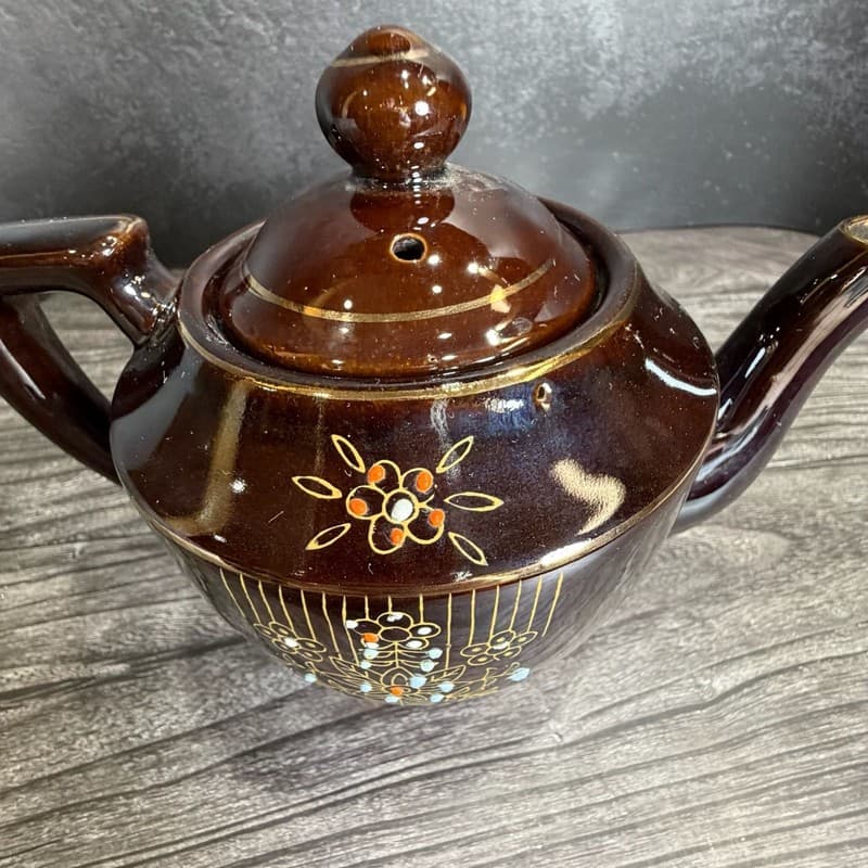 Vintage 1940s Japanese Redware Teapot Brown Glaze Moriage Hand Painted Floral - Thumbnail 10