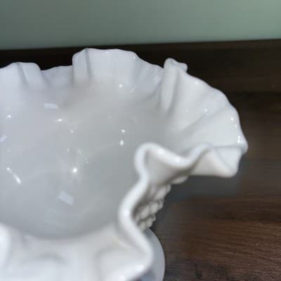 Fenton Milk Glass Hobnail Ruffled Pedestal Compote Candy Dish 6" Tall - Thumbnail 3