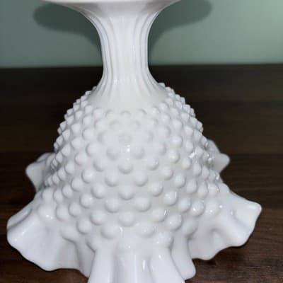 Fenton Milk Glass Hobnail Ruffled Pedestal Compote Candy Dish 6" Tall - Thumbnail 11