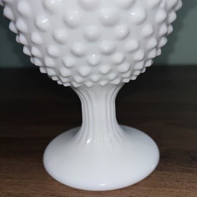 Fenton Milk Glass Hobnail Ruffled Pedestal Compote Candy Dish 6" Tall - Thumbnail 6