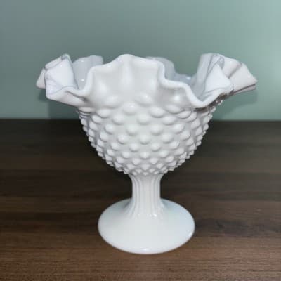 Fenton Milk Glass Hobnail Ruffled Pedestal Compote Candy Dish 6" Tall