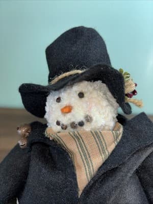 Handmade Chenille Stuffed Snowman Lighted Top Hat Rustic Weighted Door Stop - Thumbnail 3