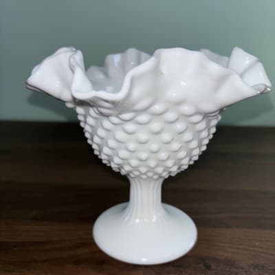 Fenton Milk Glass Hobnail Ruffled Pedestal Compote Candy Dish 6" Tall - Thumbnail 8