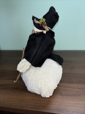 Handmade Chenille Stuffed Snowman Lighted Top Hat Rustic Weighted Door Stop - Thumbnail 5
