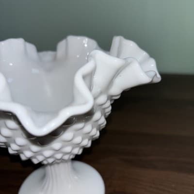 Fenton Milk Glass Hobnail Ruffled Pedestal Compote Candy Dish 6" Tall - Thumbnail 5