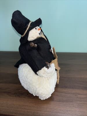 Handmade Chenille Stuffed Snowman Lighted Top Hat Rustic Weighted Door Stop - Thumbnail 8