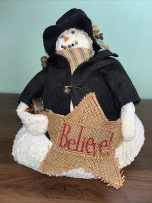 Handmade Chenille Stuffed Snowman Lighted Top Hat Rustic Weighted Door Stop
