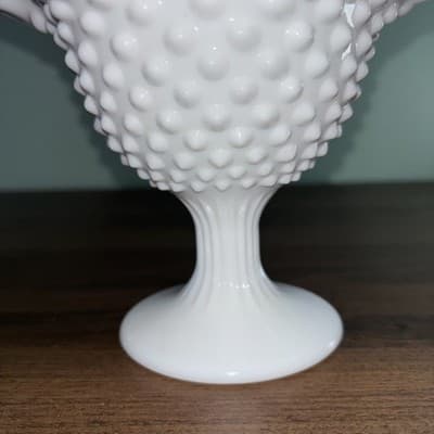 Fenton Milk Glass Hobnail Ruffled Pedestal Compote Candy Dish 6" Tall - Thumbnail 2