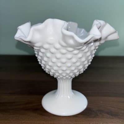 Fenton Milk Glass Hobnail Ruffled Pedestal Compote Candy Dish 6" Tall - Thumbnail 7