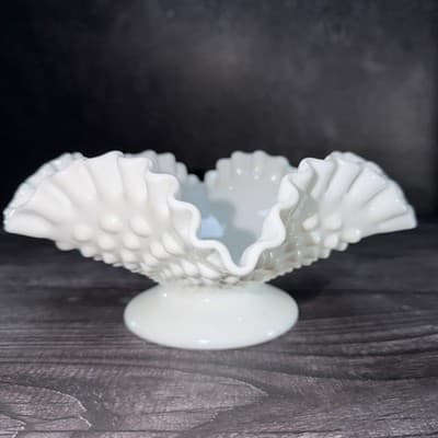 Vintage Fenton Milk Glass Hobnail 10.5” Ruffled Edge Candy Dish USA EXCELLENT