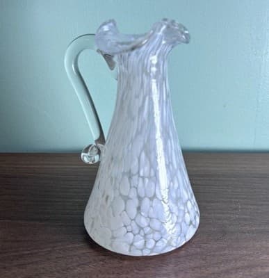 Hand Blown Small Glass Spatter White Vase Pitcher Style Ruffled Top Art