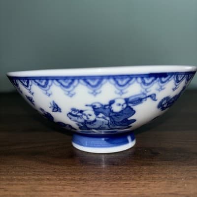 Small Vintage Chinese Porcelain Footed Blue & White Rice Bowl Boys Butterflies