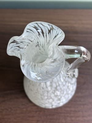 Hand Blown Small Glass Spatter White Vase Pitcher Style Ruffled Top Art - Thumbnail 5