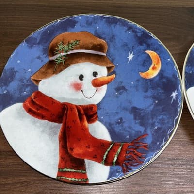 Set Of 2 Rainbow Mountain Snowman Under The Moon 10” Plates Christmas 1997 - Thumbnail 2