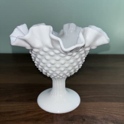 Fenton Milk Glass Hobnail Ruffled Pedestal Compote Candy Dish 6" Tall - Thumbnail 9